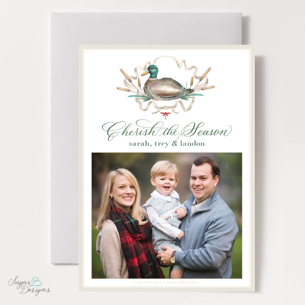 Merry Mallard Red Pattern Vertical Christmas Card