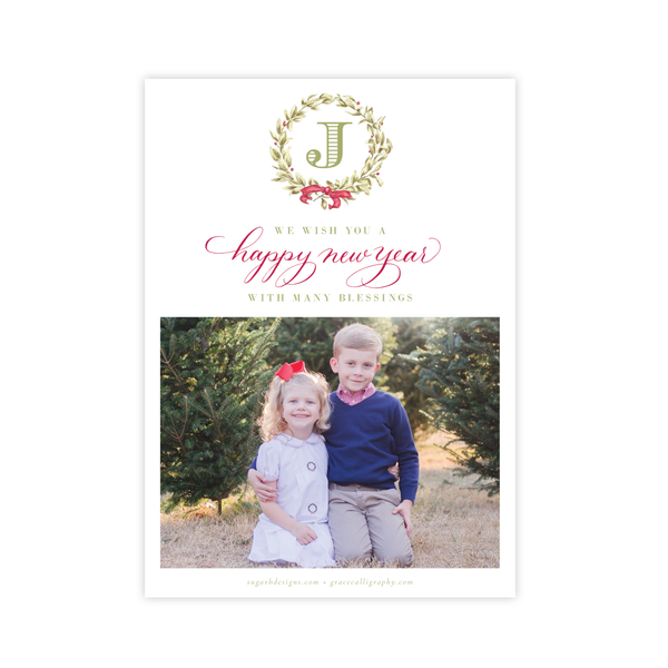 Meryl Wreath Red Small Wreath Vertical Christmas Card