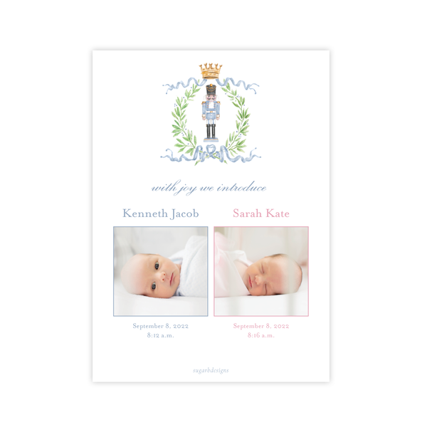 Nutcracker Royal Wreath Blue TWINS Birth Announcement Christmas Card