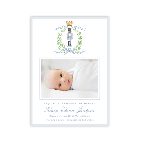 Nutcracker Royal Wreath Blue Birth Announcement Christmas Card