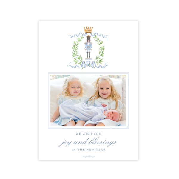 Nutcracker Royal Wreath Blue Vertical Christmas Card