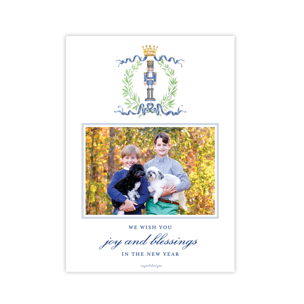 Nutcracker Royal Wreath Dark Blue Vertical Christmas Card