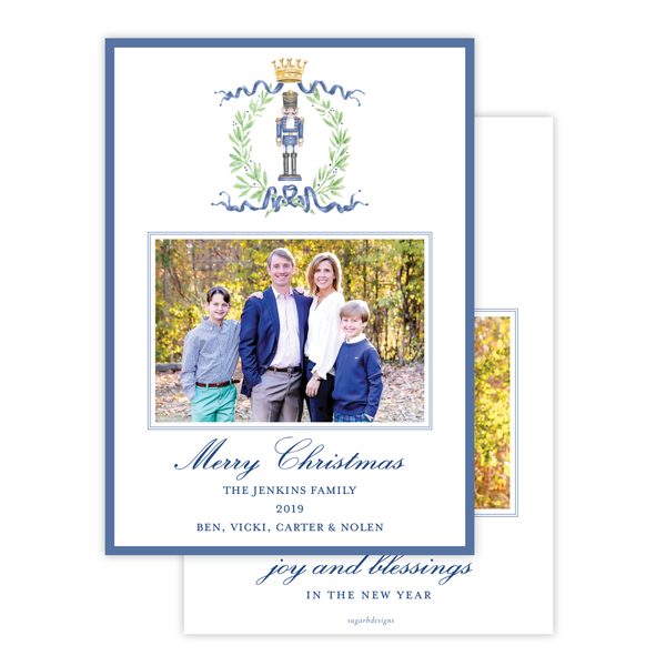 Nutcracker Royal Wreath Dark Blue Vertical Christmas Card