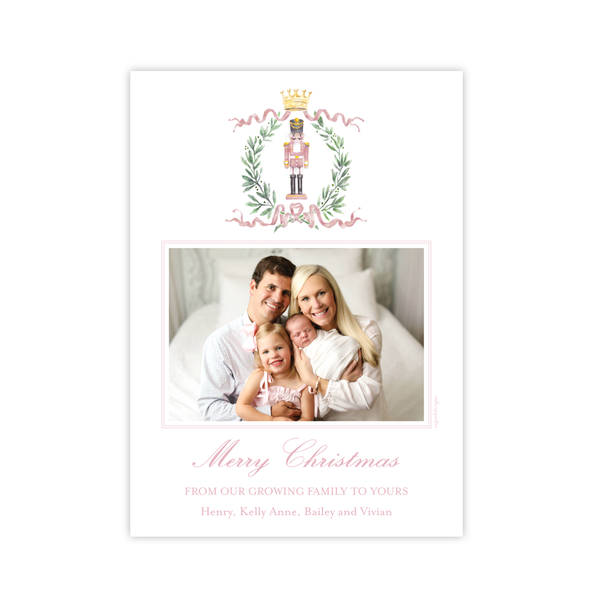 Nutcracker Royal Wreath Pink Birth Announcement Christmas Card