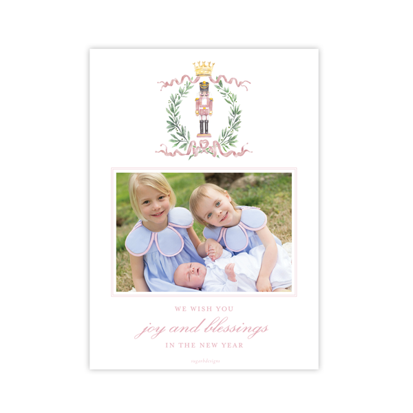Nutcracker Royal Wreath Pink Vertical Christmas Card
