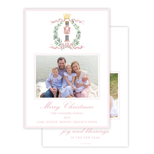 Nutcracker Royal Wreath Pink Vertical Christmas Card