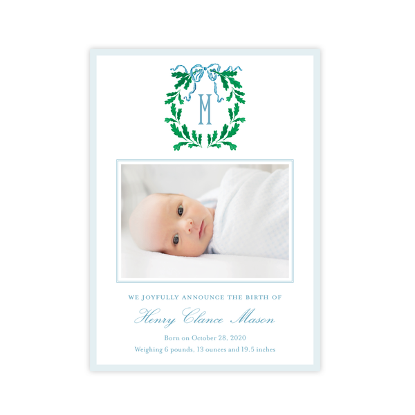Oak Wreath Blue Christmas Card Birth Announcement