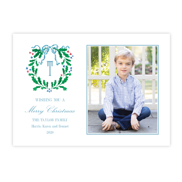 Oak Wreath Blue and Red Christmas Card Landscape