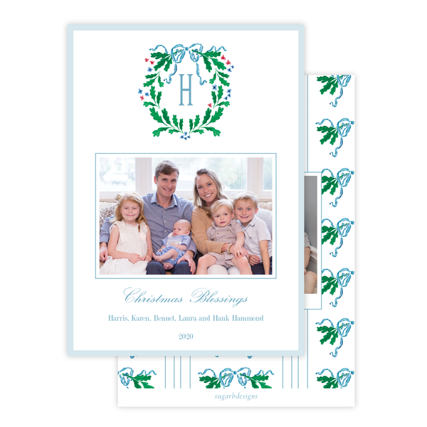 Oak Wreath Blue and Red Christmas Card Portrait