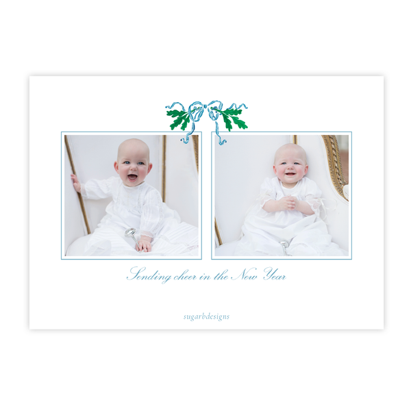Oak Wreath Blue Christmas Card Landscape