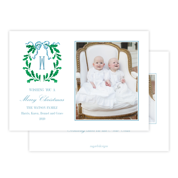 Oak Wreath Blue Christmas Card Landscape
