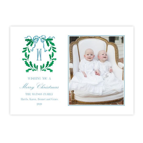 Oak Wreath Blue Christmas Card Landscape