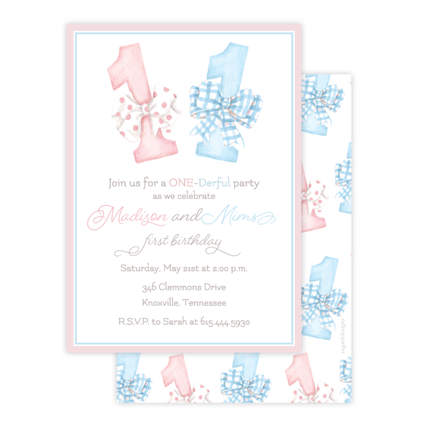 One-Derful Pink and Blue Twins Birthday Invitation