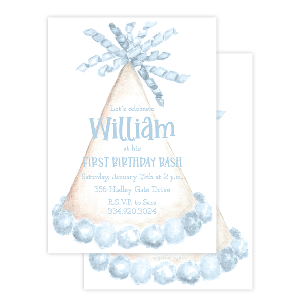 Party Hat Light Blue Birthday Invitation