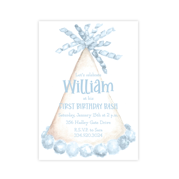 Party Hat Light Blue Birthday Invitation