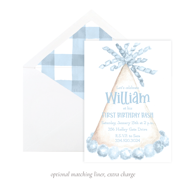 Party Hat Light Blue Birthday Invitation