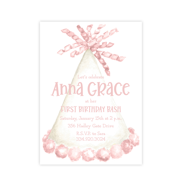 Party Hat Light Pink Birthday Invitation