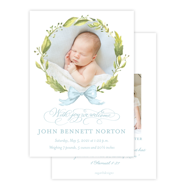 Petite Wreath Blue Birth Announcement