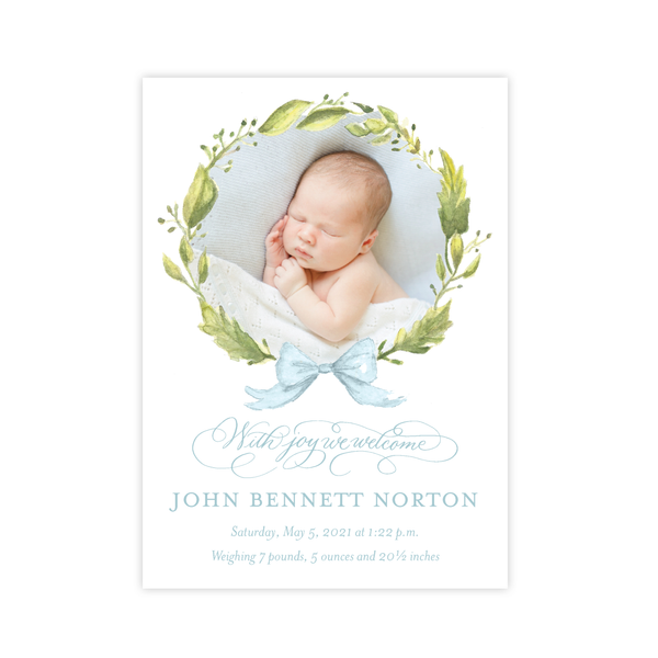 Petite Wreath Blue Birth Announcement