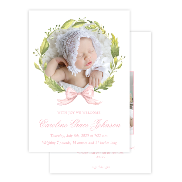 Petite Wreath Pink Birth Announcement
