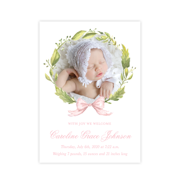 Petite Wreath Pink Birth Announcement