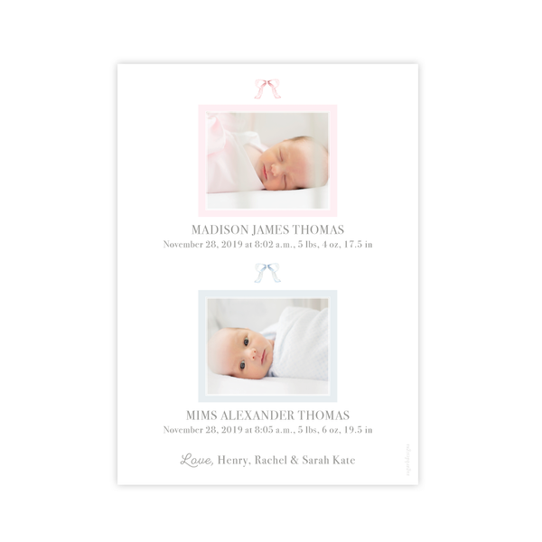 Pram Twins Pink and Blue Portrait Birth Announcement
