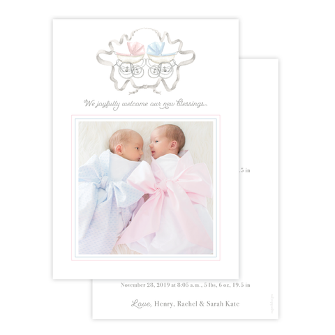 Pram Twins Pink and Blue Portrait Birth Announcement