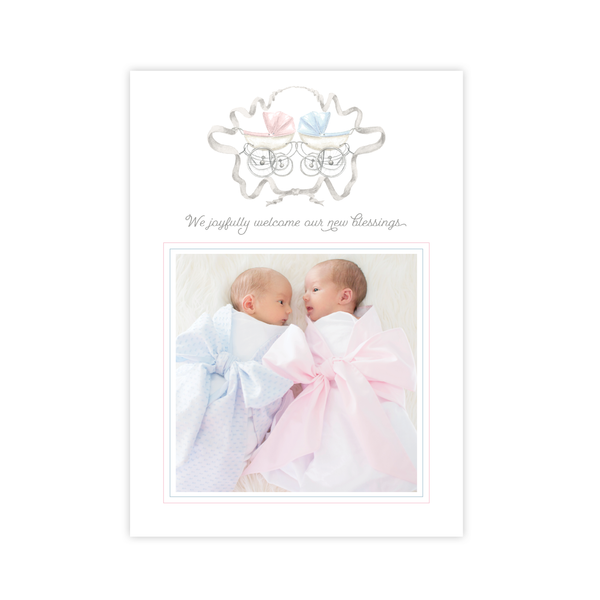 Pram Twins Pink and Blue Portrait Birth Announcement