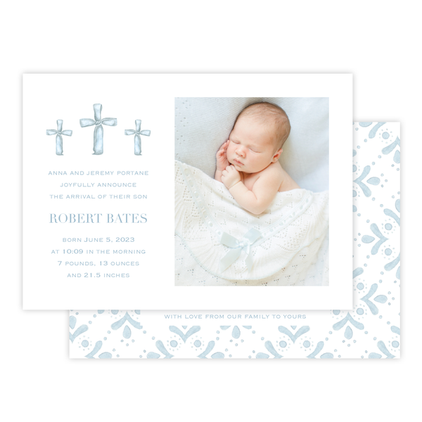 Ribbon Cross Blue Landscape Birth Announcement