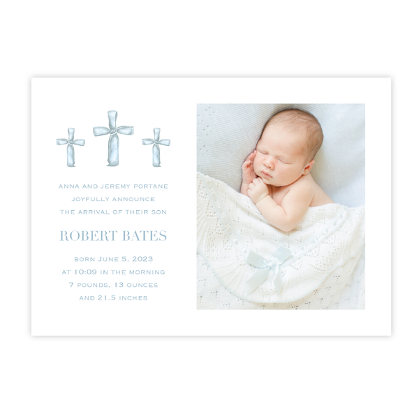 Ribbon Cross Blue Landscape Birth Announcement