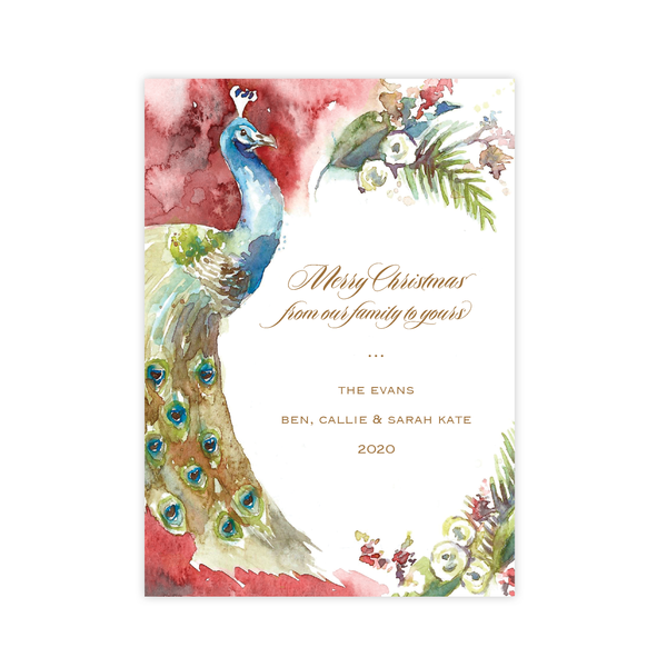 Roberson Peacock Full Floral Red Border Christmas Card