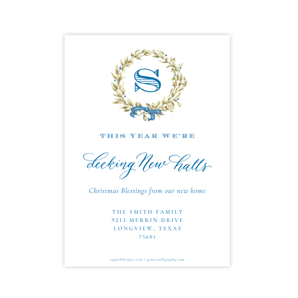 Meryl Wreath Blue Change of Address Christmas Card