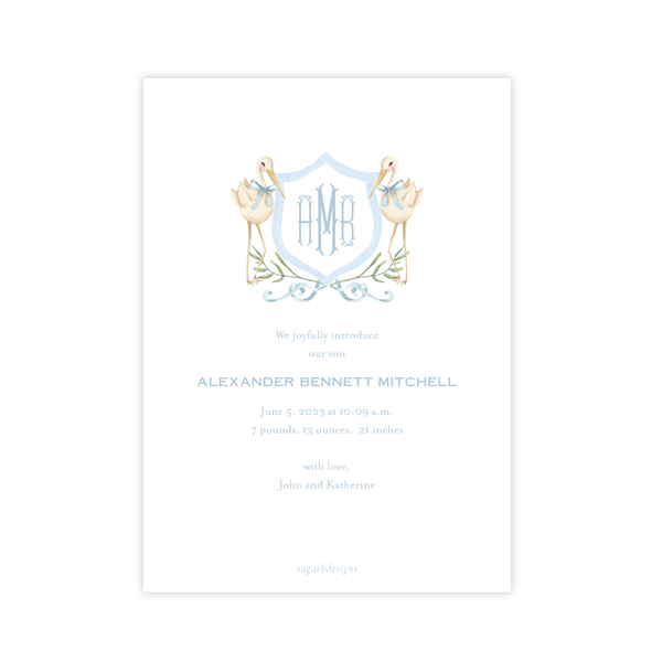 Sebastian Stork Blue Crest Border Birth Announcement