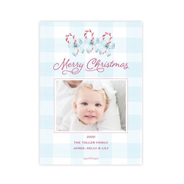 Sweet Treats Blue Border with photo on back Christmas Card Portrait
