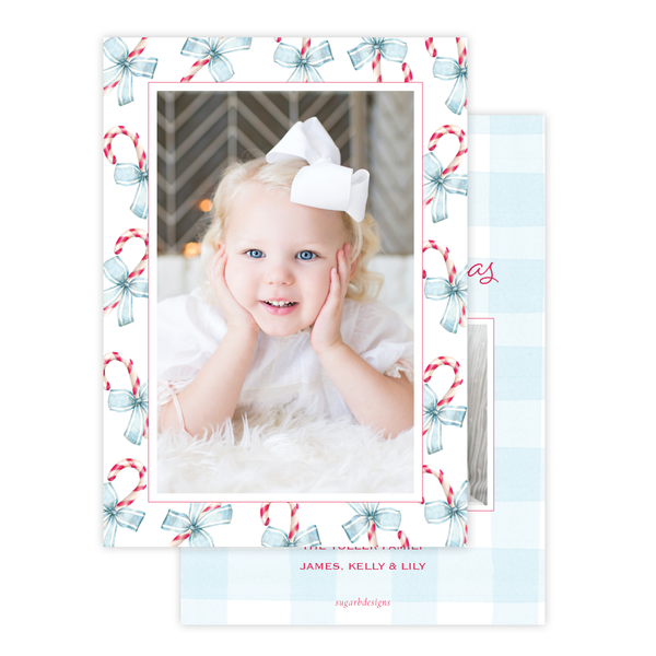 Sweet Treats Blue Border with photo on back Christmas Card Portrait
