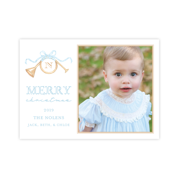 Triumphant Trumpet and Blue Bow Landscape Christmas Card