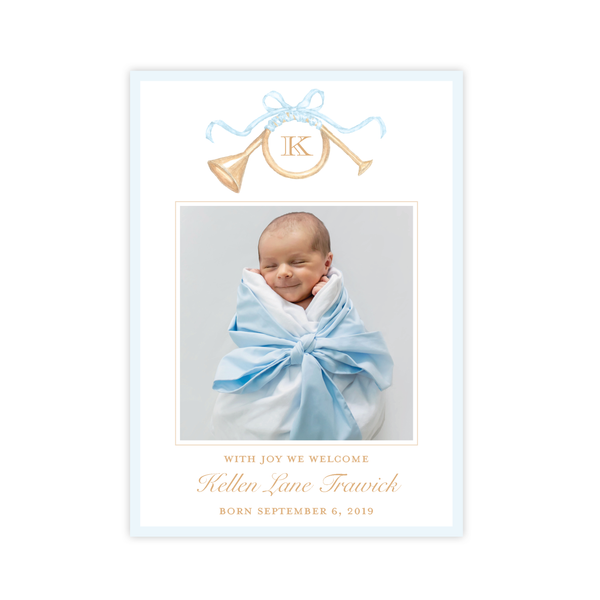 Triumphant Trumpet Blue Bow Birth Announcement Christmas Card