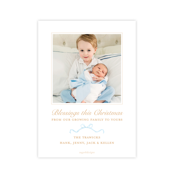 Triumphant Trumpet Blue Bow Birth Announcement Christmas Card