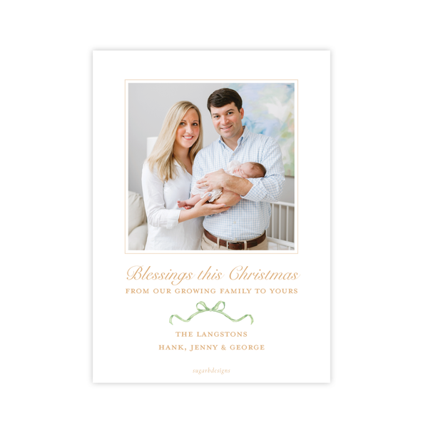 Triumphant Trumpet Green Bow Birth Announcement Christmas Card