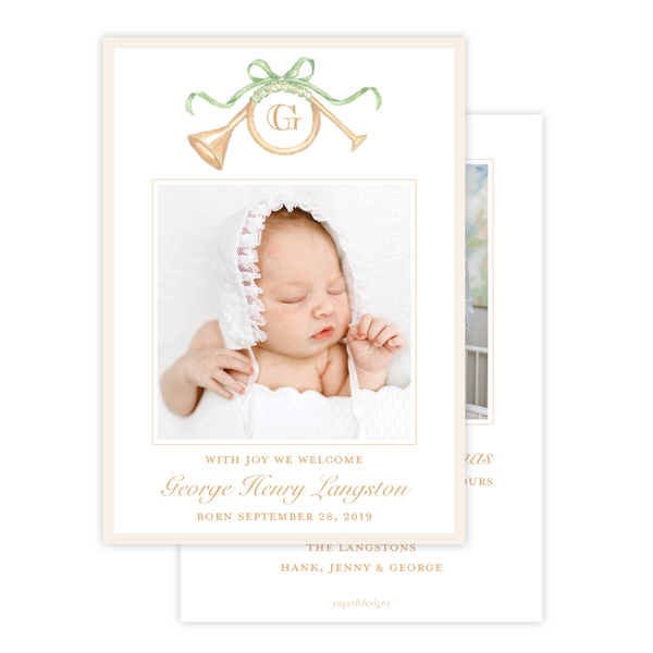 Triumphant Trumpet Green Bow Birth Announcement Christmas Card