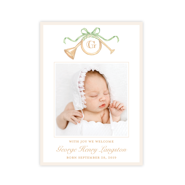Triumphant Trumpet Green Bow Birth Announcement Christmas Card