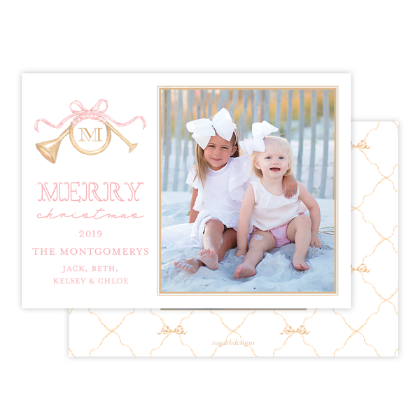 Triumphant Trumpet and Pink Bow Landscape Christmas Card