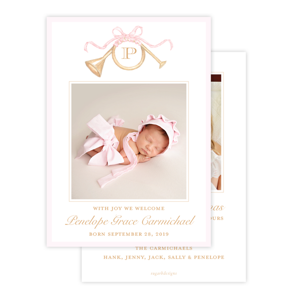 Triumphant Trumpet Pink Bow Birth Announcement Christmas Card