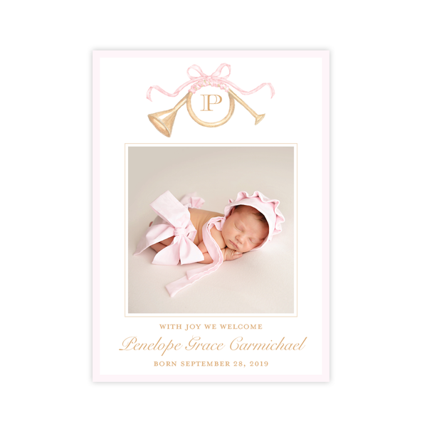 Triumphant Trumpet Pink Bow Birth Announcement Christmas Card
