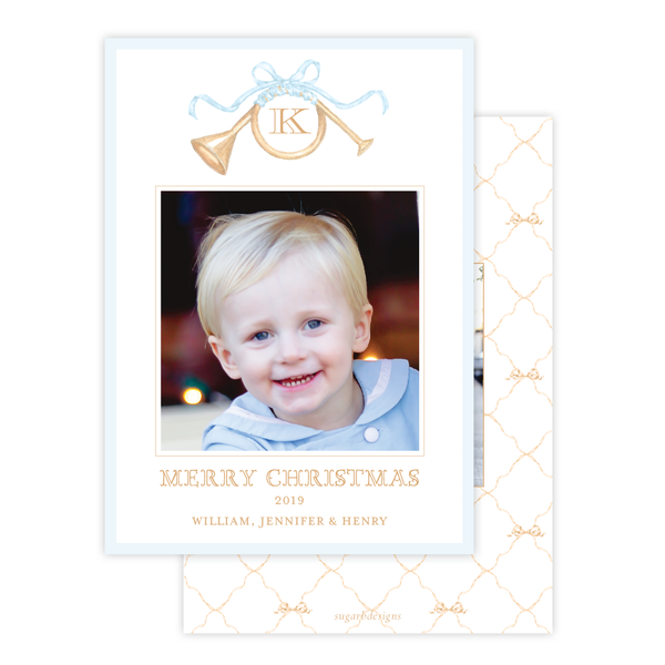 Triumphant Trumpet and Blue Bow Portrait Christmas Card