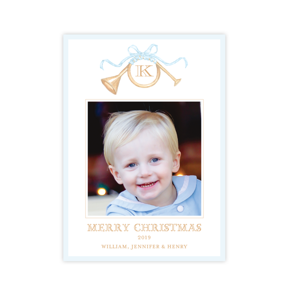 Triumphant Trumpet and Blue Bow Portrait Christmas Card