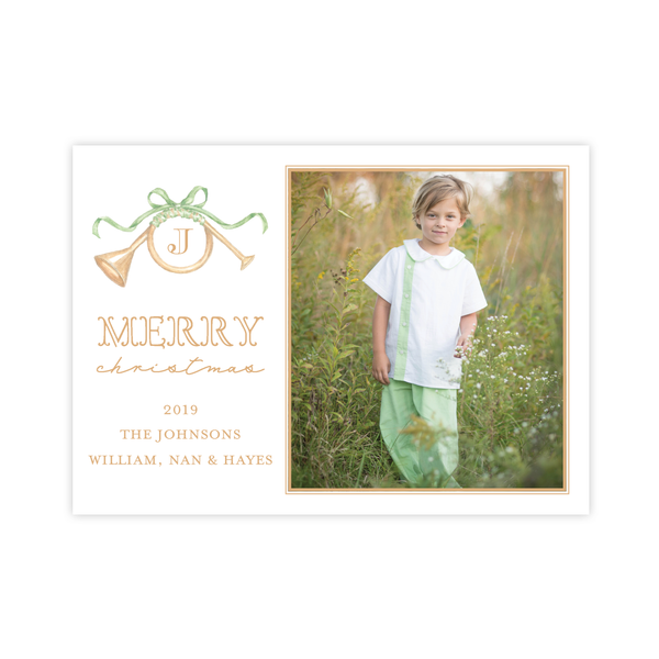Triumphant Trumpet and Green Bow Landscape Christmas Card
