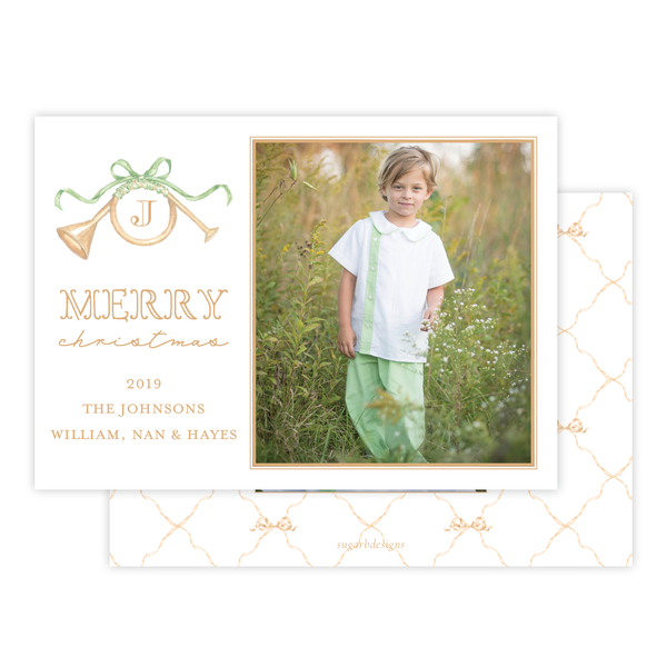 Triumphant Trumpet and Green Bow Landscape Christmas Card