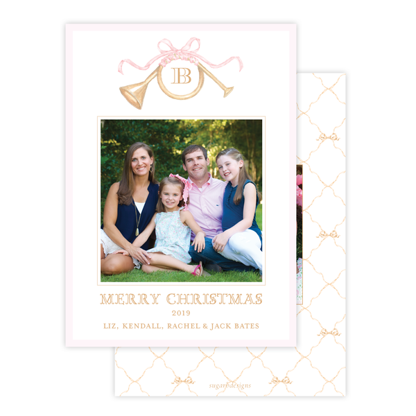 Triumphant Trumpet and Pink Bow Portrait Christmas Card