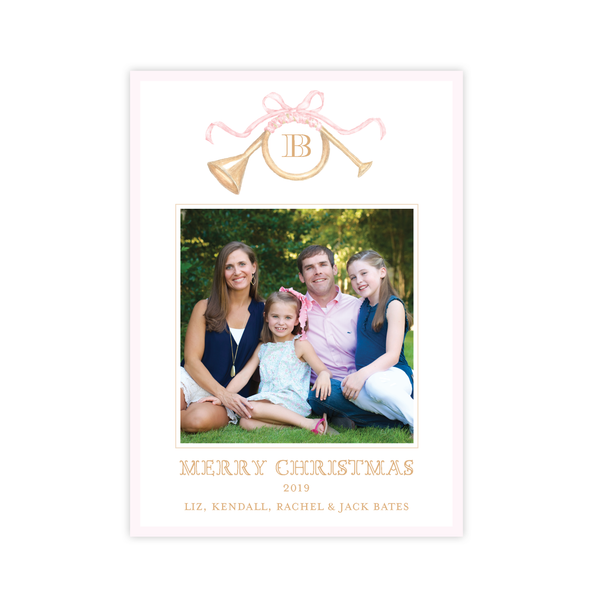 Triumphant Trumpet and Pink Bow Portrait Christmas Card